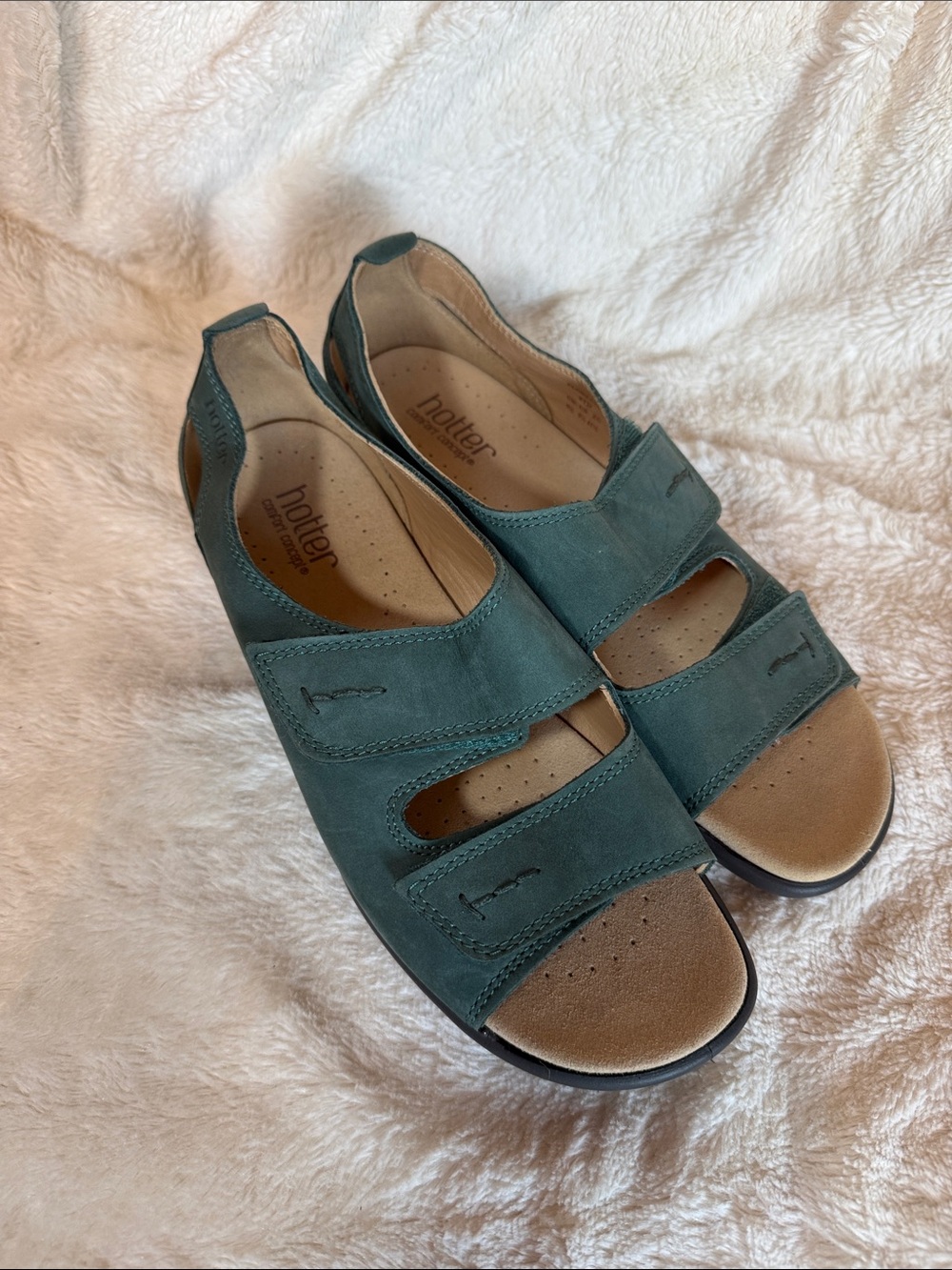 Hotter Florence Teal Green Nubuck Leather Comfort Sandals Womens 9.5 Velcro NWOT